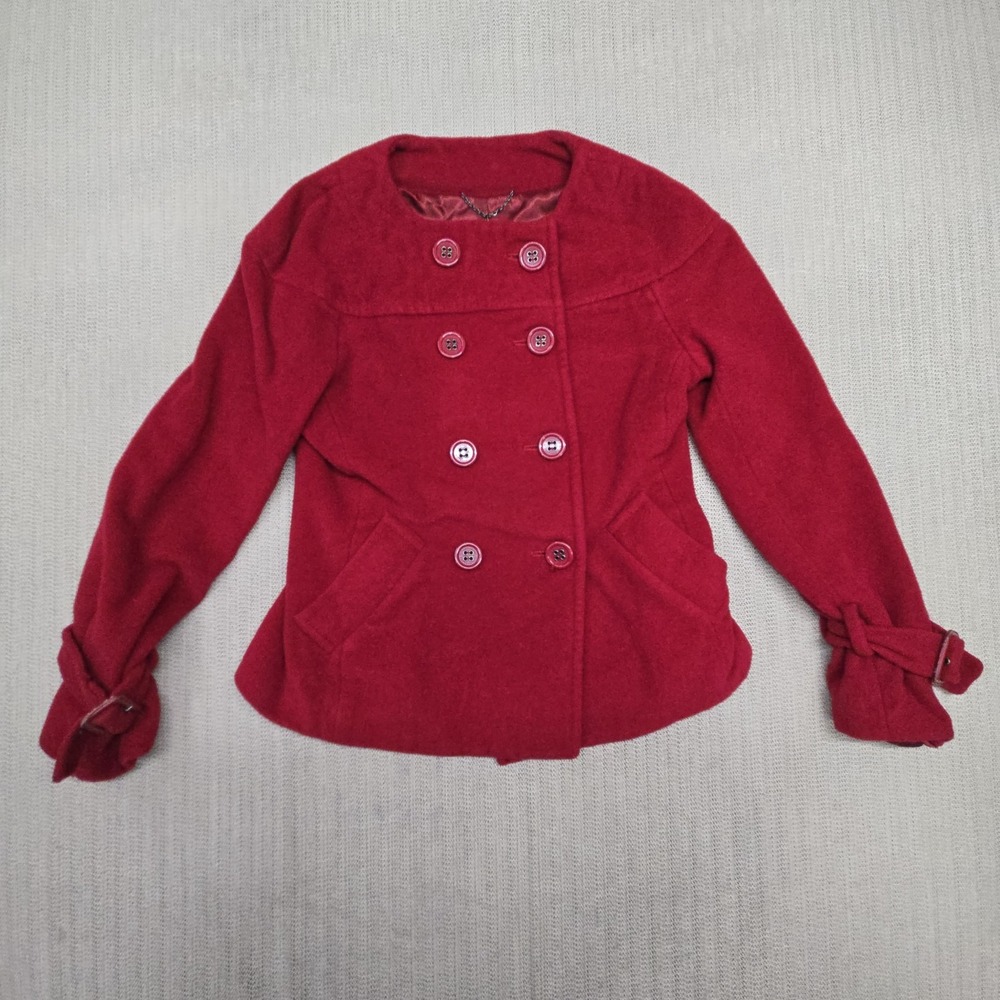 BCBGMAXAZRIA Coat Womens Small Red Wool Pea Buckle Cuff Double Breasted Short
